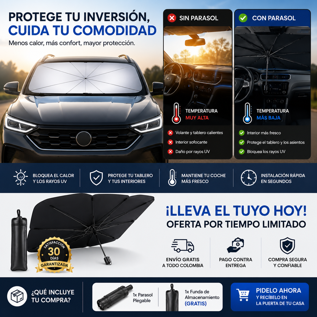 Este parasol para coche con diseño de paraguas se abre y se cierra fácilmente