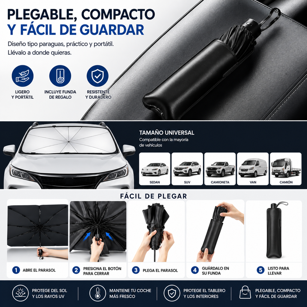 Este parasol para coche con diseño de paraguas se abre y se cierra fácilmente