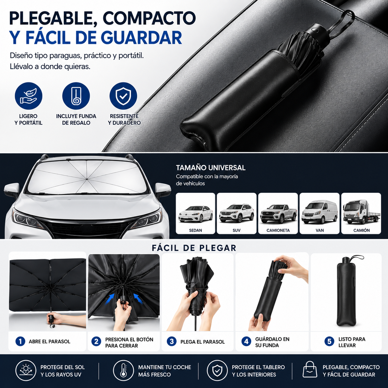 Este parasol para coche con diseño de paraguas se abre y se cierra fácilmente