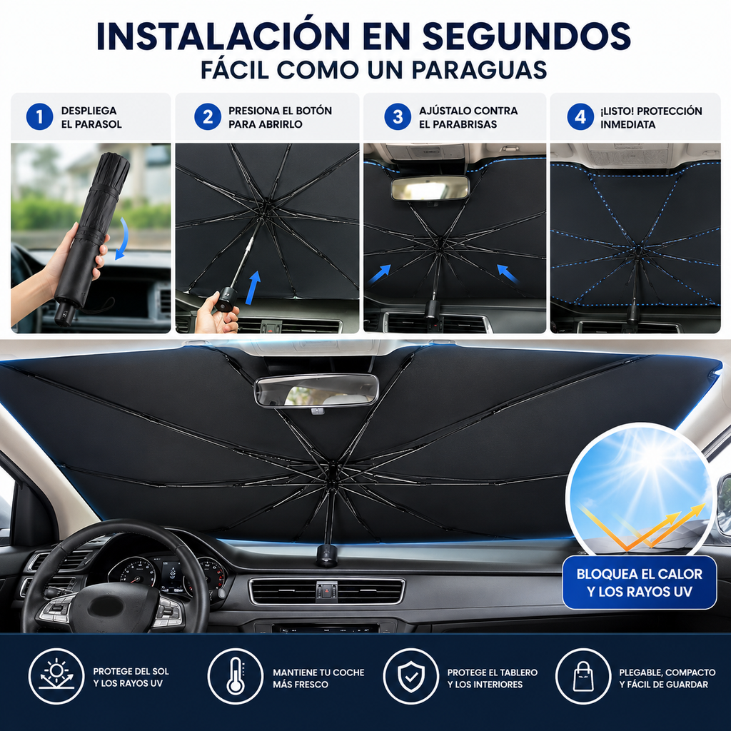 Este parasol para coche con diseño de paraguas se abre y se cierra fácilmente